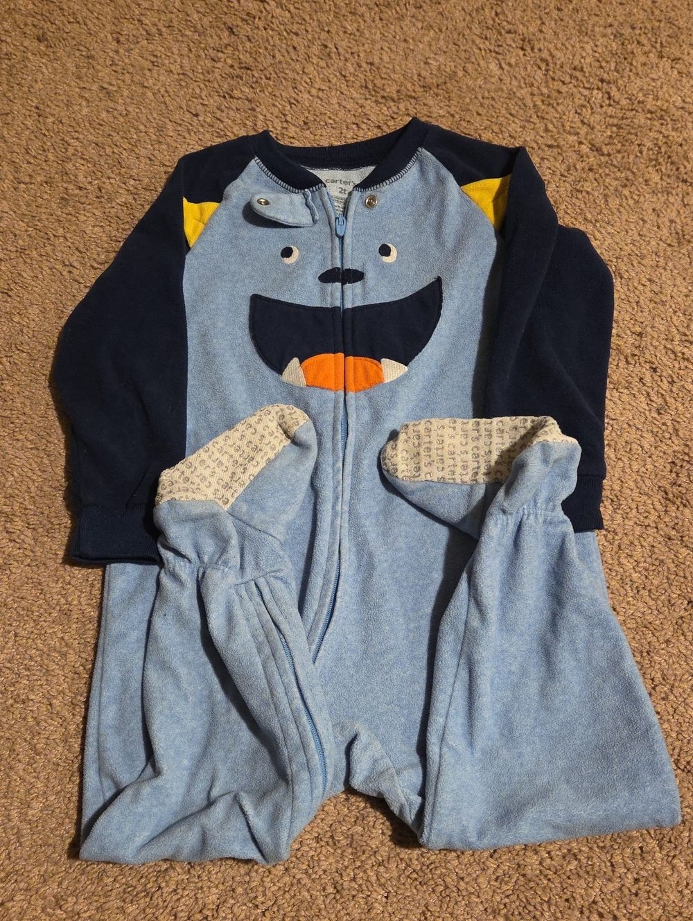 Blue Monster Print Kids One-Piece Zipper Romper